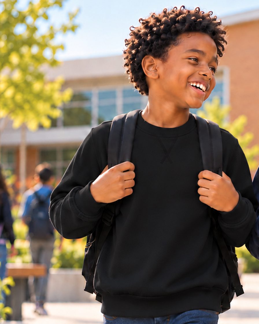 Boy in a black crew sweatshirt wearing a backpack