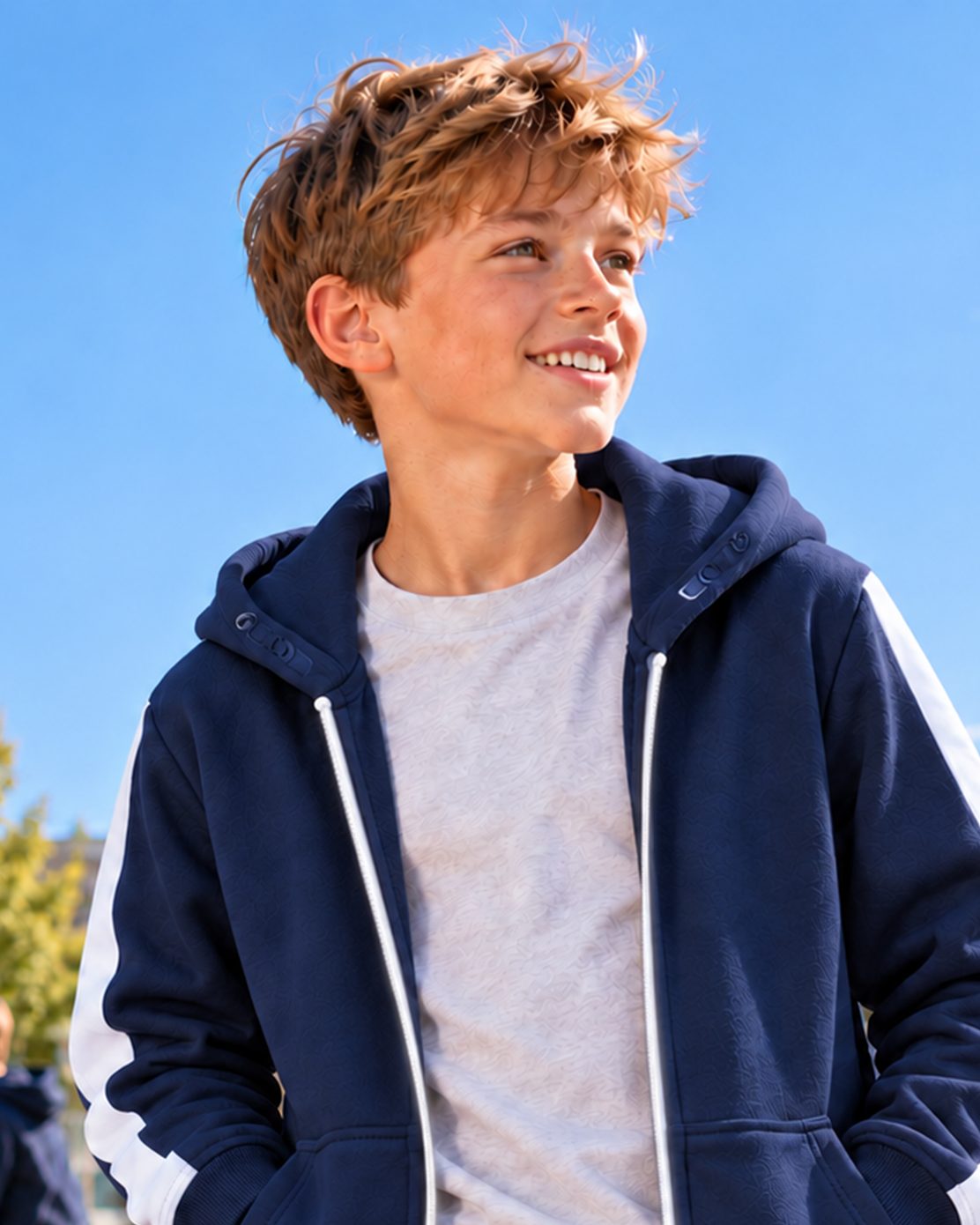 Boy in a navy full-zip hoodie with white sleeve stripes